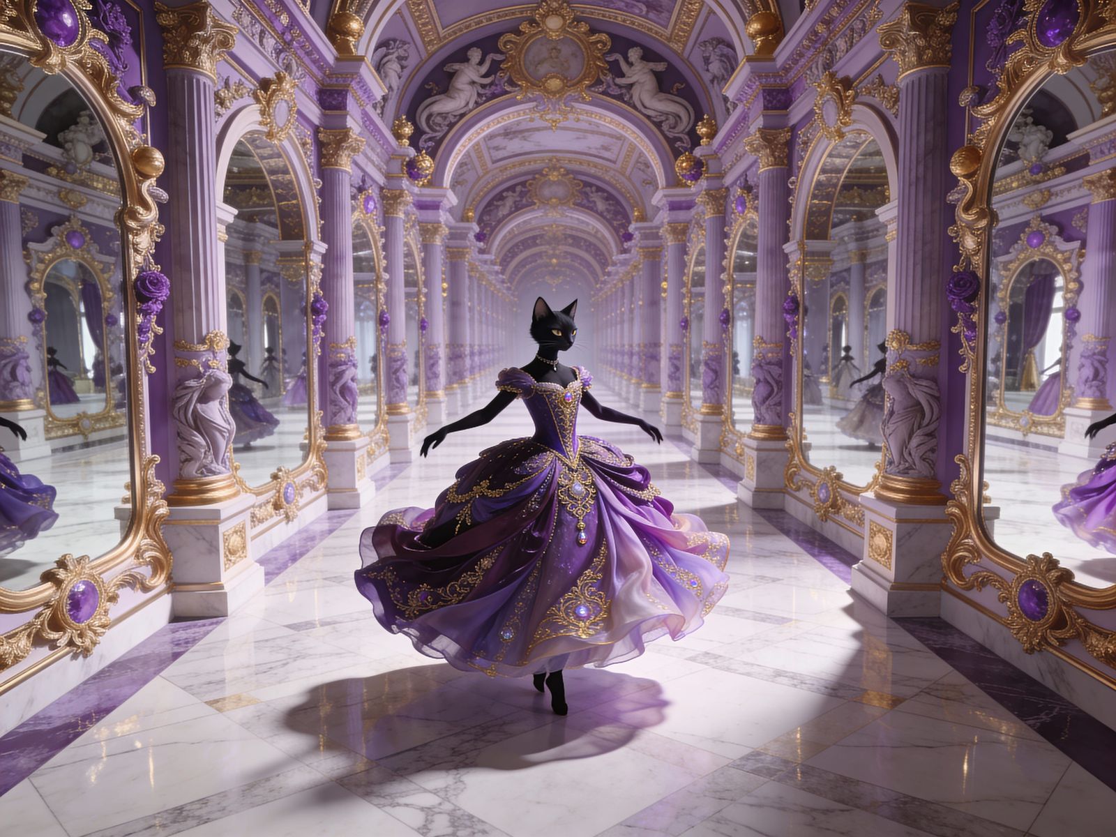 Anthropomorphic Cat Lady Dances in Infinite Baroque Ballroom