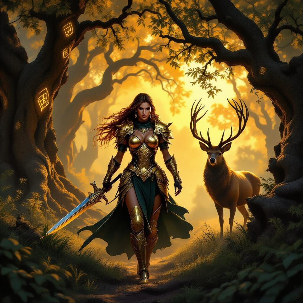 Golden Huntress in Mystical Forest with Shimmering Stag