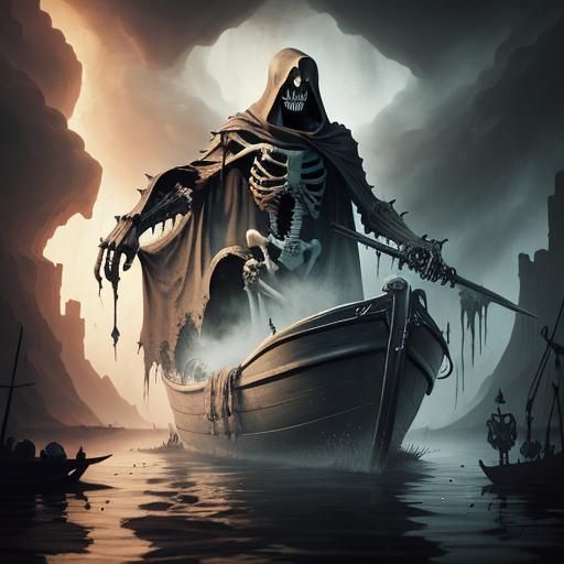 Grim Reaper's Journey: Gothic Art on Dark Waters