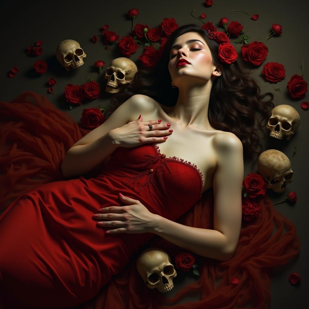 Scarlet Gown Woman Between Roses and Skulls