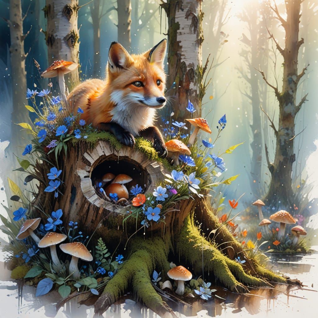 Fluffy Fox Kit in Magical Forest Hollow