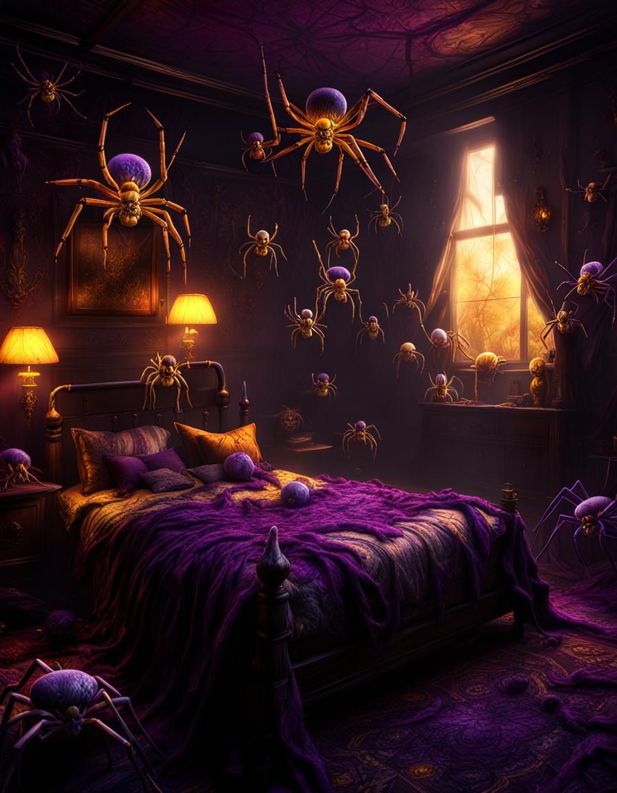 Creepy Spiders Infest Bedroom: Dark Fantasy Art
