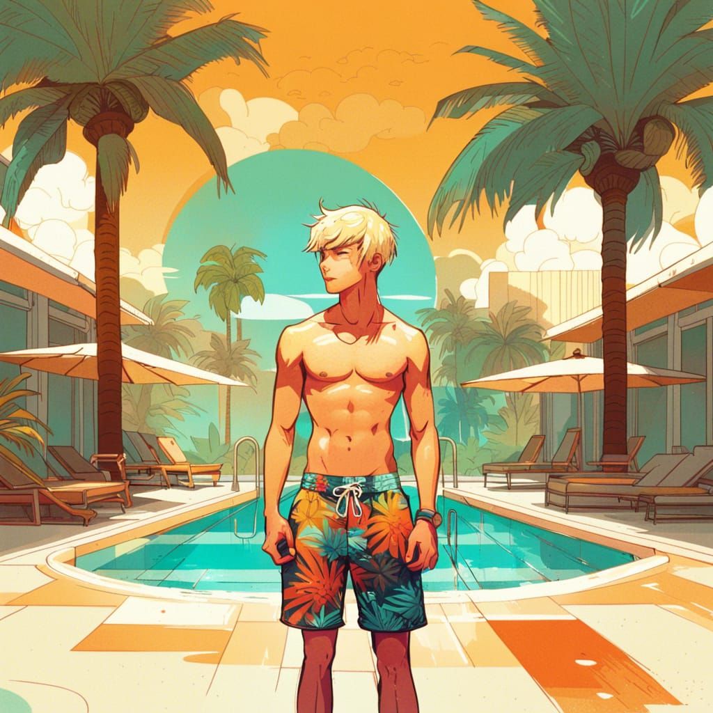 Hyperrealistic Digital Art: Shirtless Blonde by the Pool