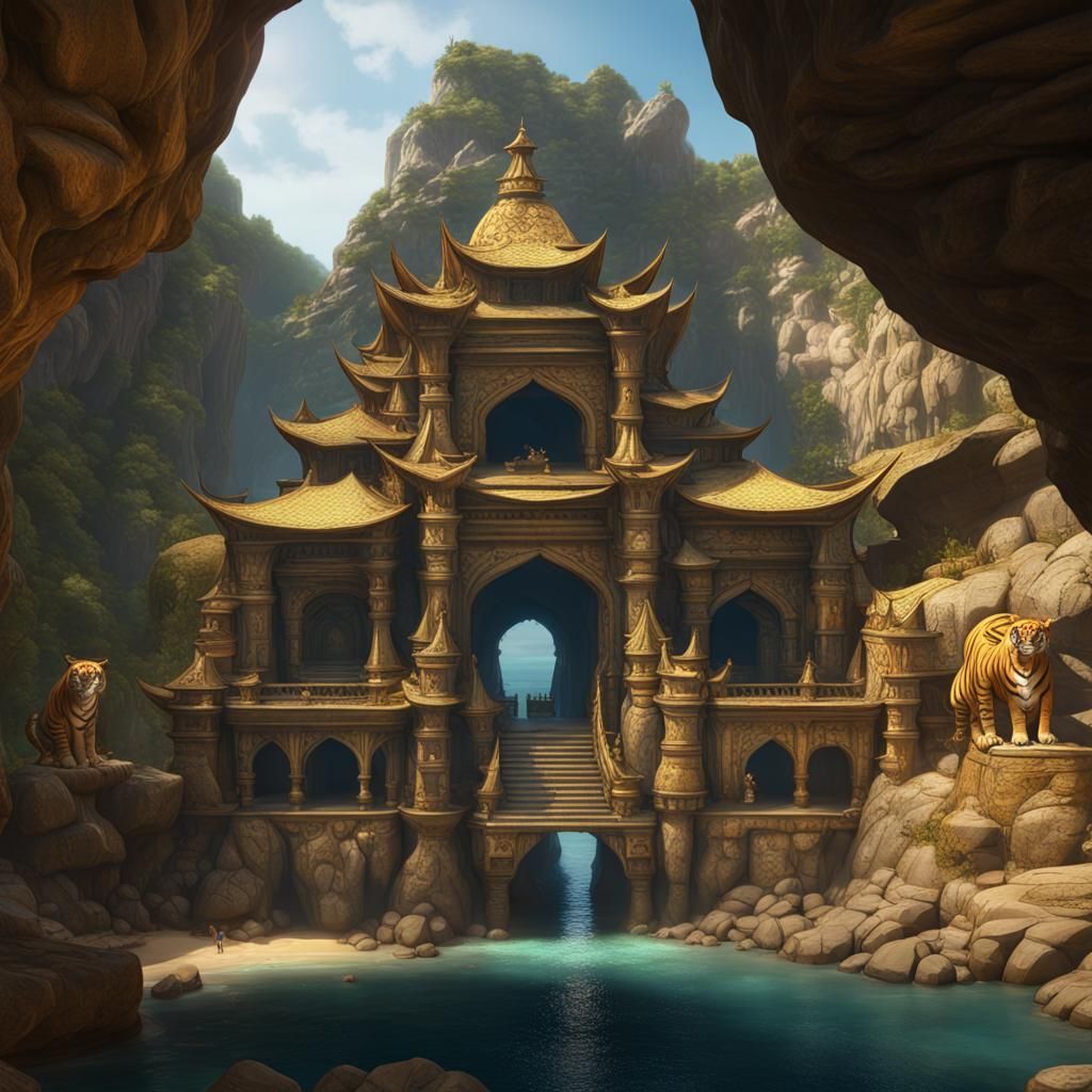 Golden Hindu Palace Port City with Tiger Statues