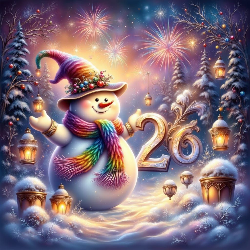 Winter Night Sky Celebration with Fireworks and Snowman