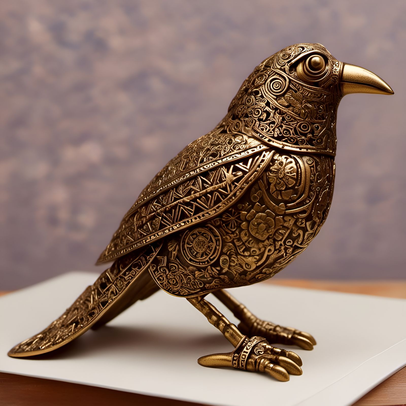 Golden Aztec Design on Bronze Bird Figurine