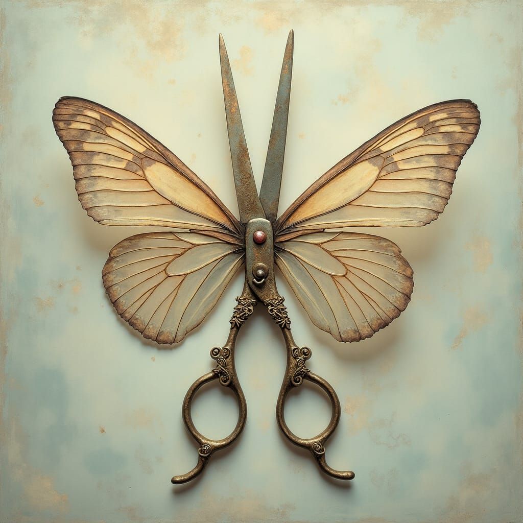 Surrealist Scissors with Butterfly Wings in Dreamlike Pastel...