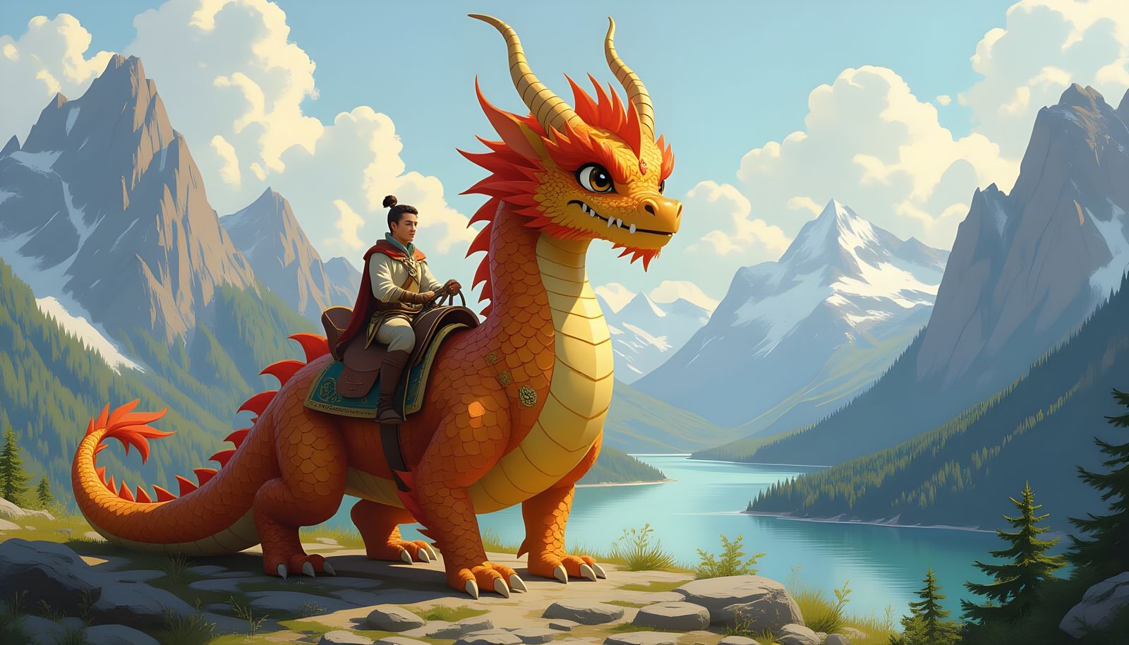 Cute Eastern Dragon with Rider in Fantasy Landscape