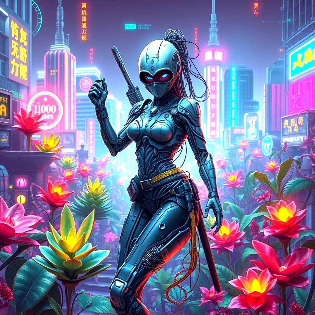 Cyberpunk Ninja Goddess in Lush Mechanical Garden