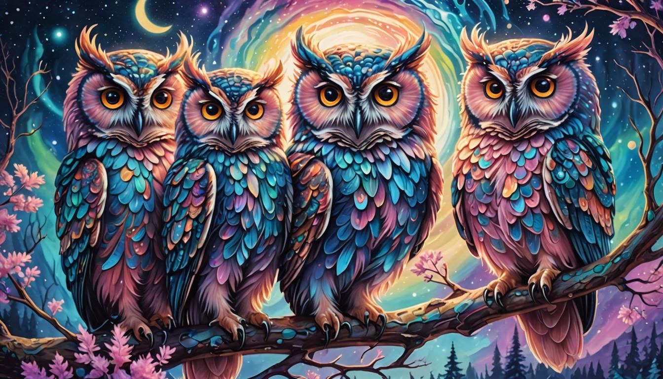 Colorful Fluffy Owls in Cosmic Aurora, as Psychedelic Art