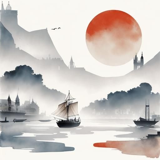 Steampunk Boat on Thames in Ink Painting