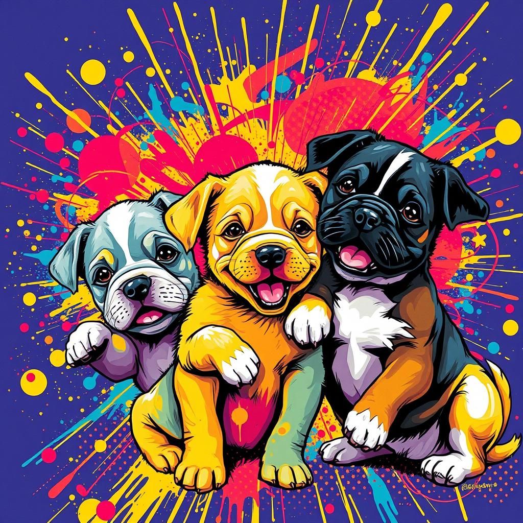 Playful Puppies in Vibrant Pop Splatter Art