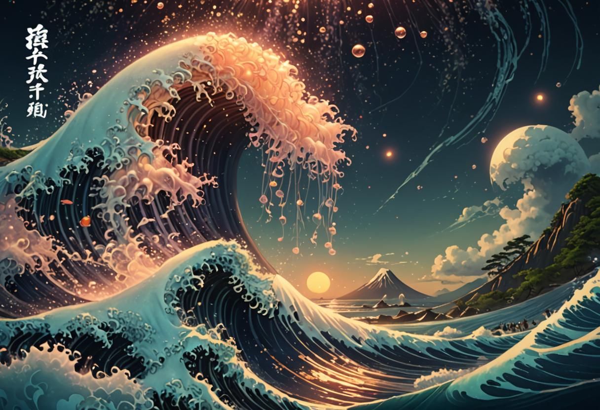 Great Wave with Bioluminescent Jellyfish, Digital Art