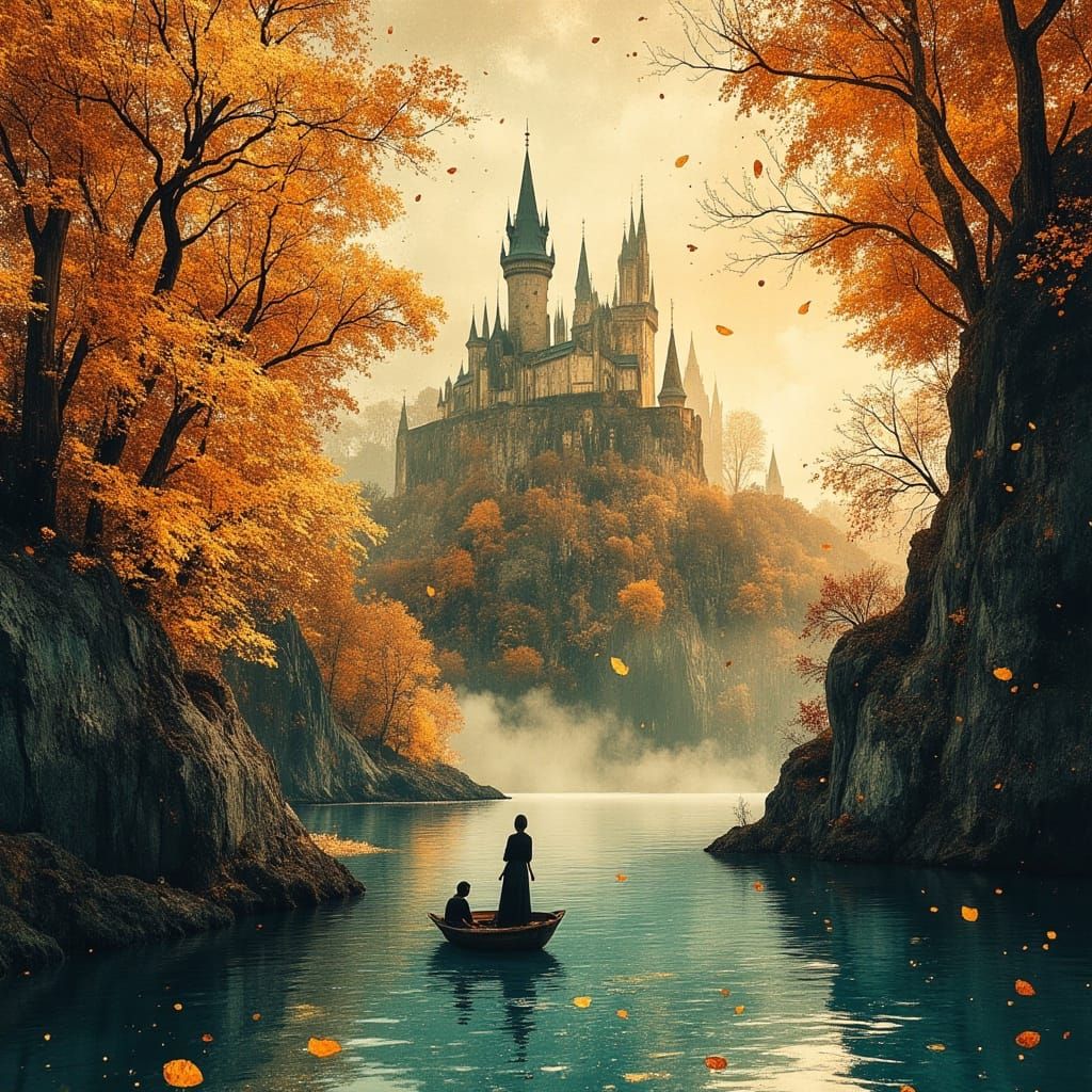 Enchanted Castle in Autumn Forest at Sunrise