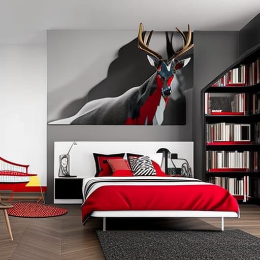 Bedroom Scene with Striped Bed and Deer