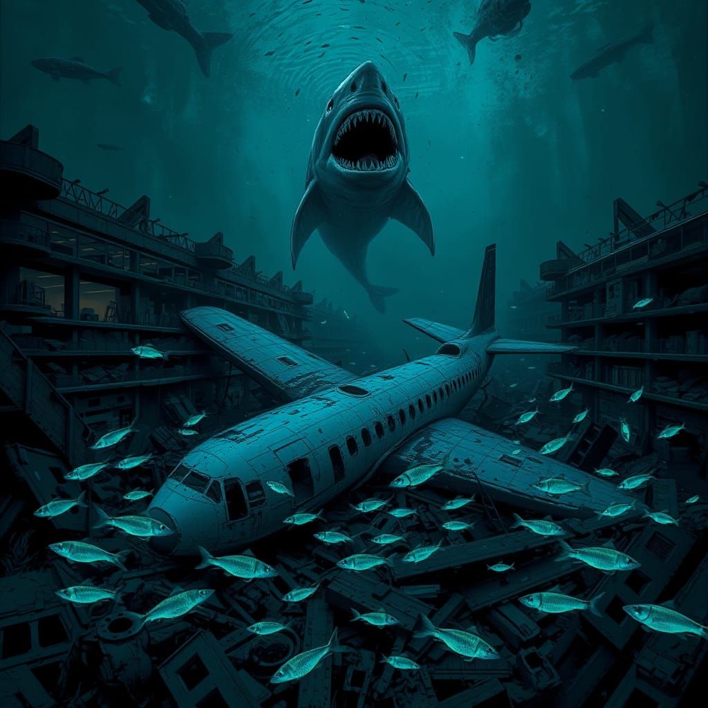 Dark Underwater Apocalypse: Sunken Plane in Ruined Mall