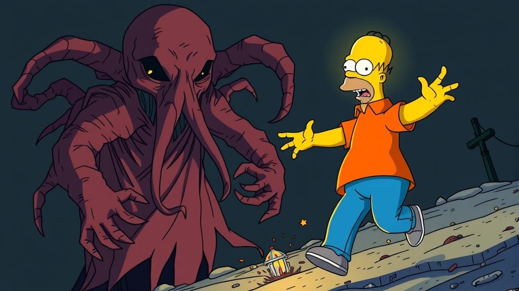Cthulhu and Homer Simpson Flee in Terror