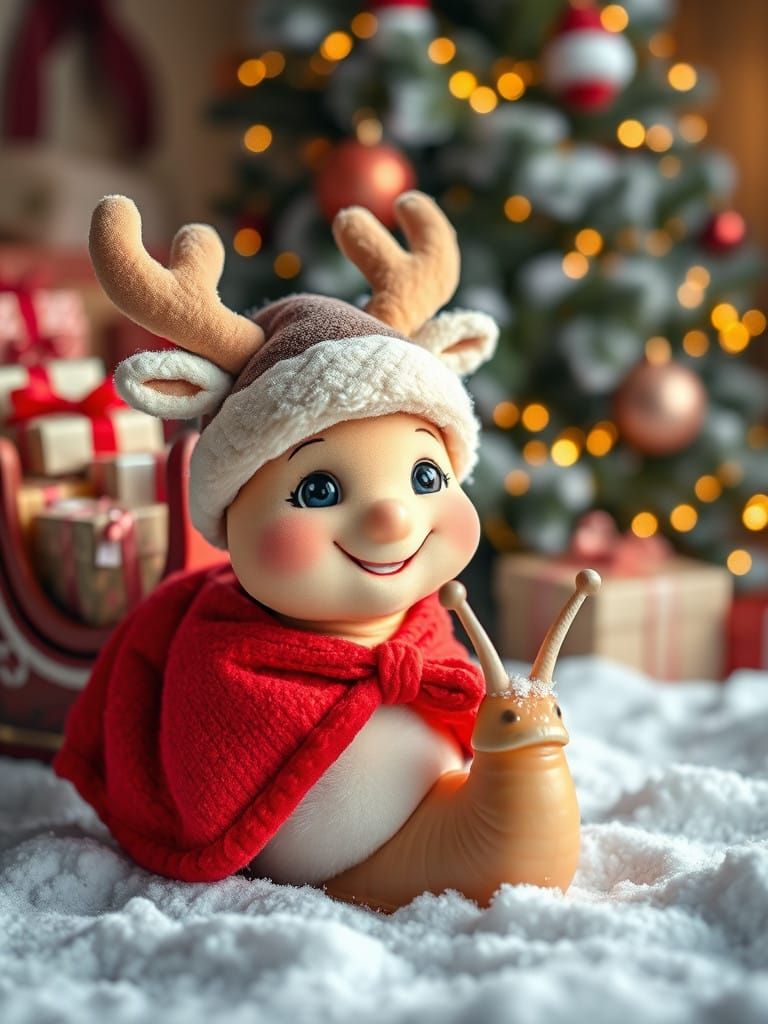 Cheerful Reindeer-Inspired Snail in Festive Winter Wonderlan...