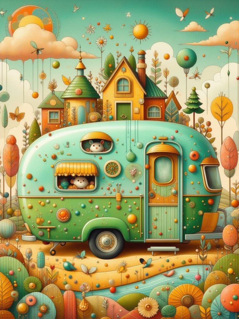 Whimsical Vintage Motorhome with Tiny Pastel Town