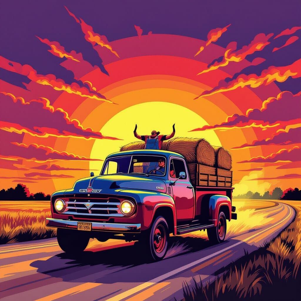 Muscular Bull Drives Vintage Truck to Memphis at Sunset
