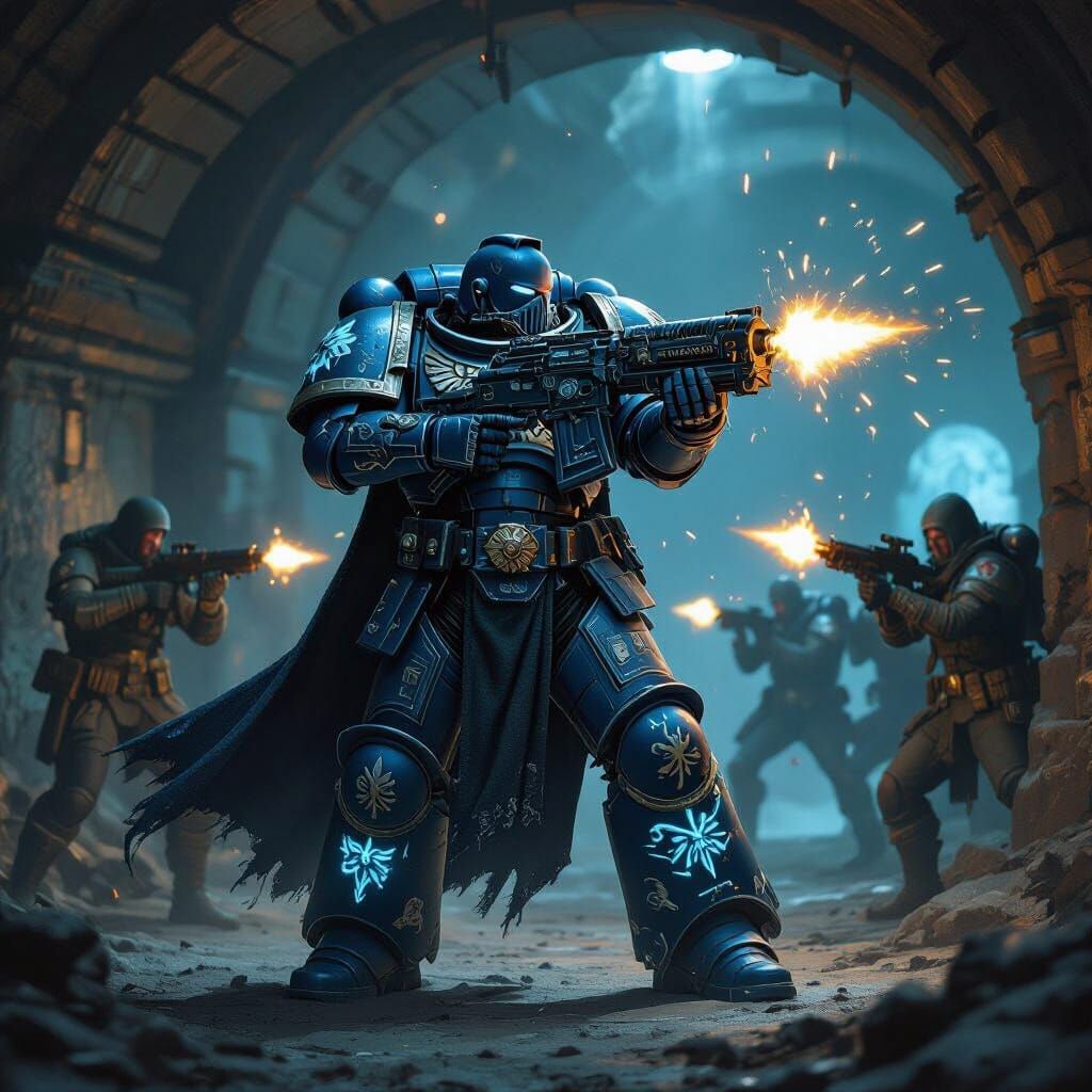 Space Marine Fights Bandits in Glowing Runic Armor