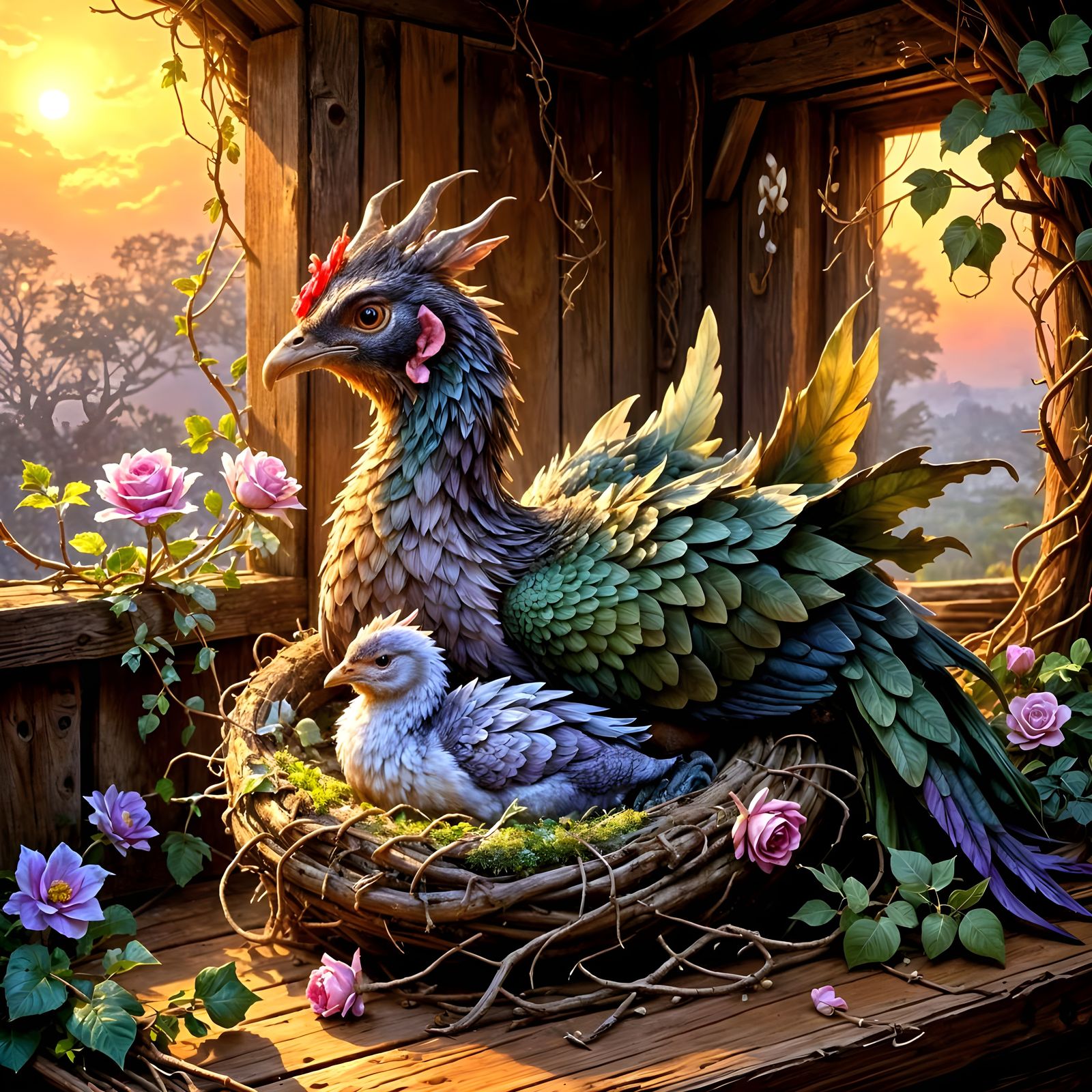 Dragon Chick Hatching in Rustic Barn, Romantic Style
