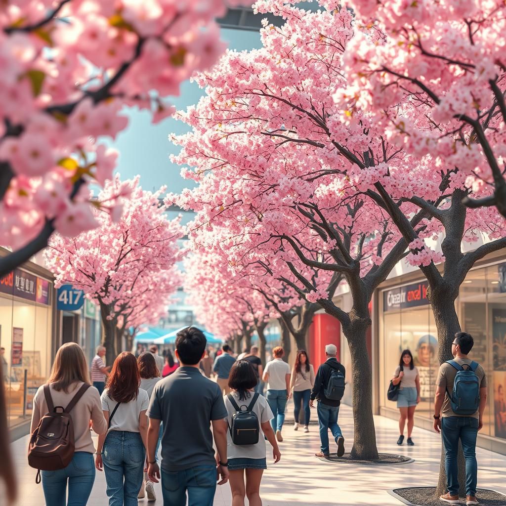 Cherry Blossoms Bloom in City Mall: 3D Anime Style