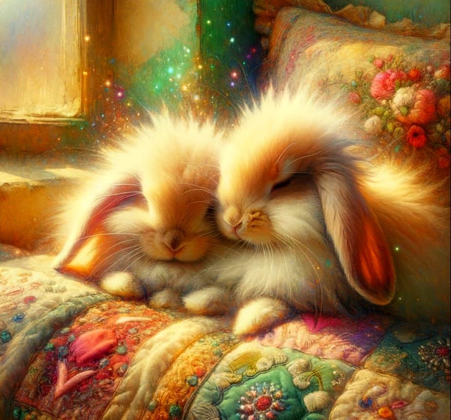 Impressionistic Bunnies Grooming in Sunlight