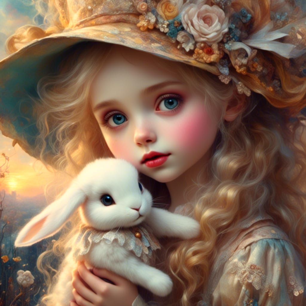 Girl with Rabbit in Kinkade Style Oil Painting