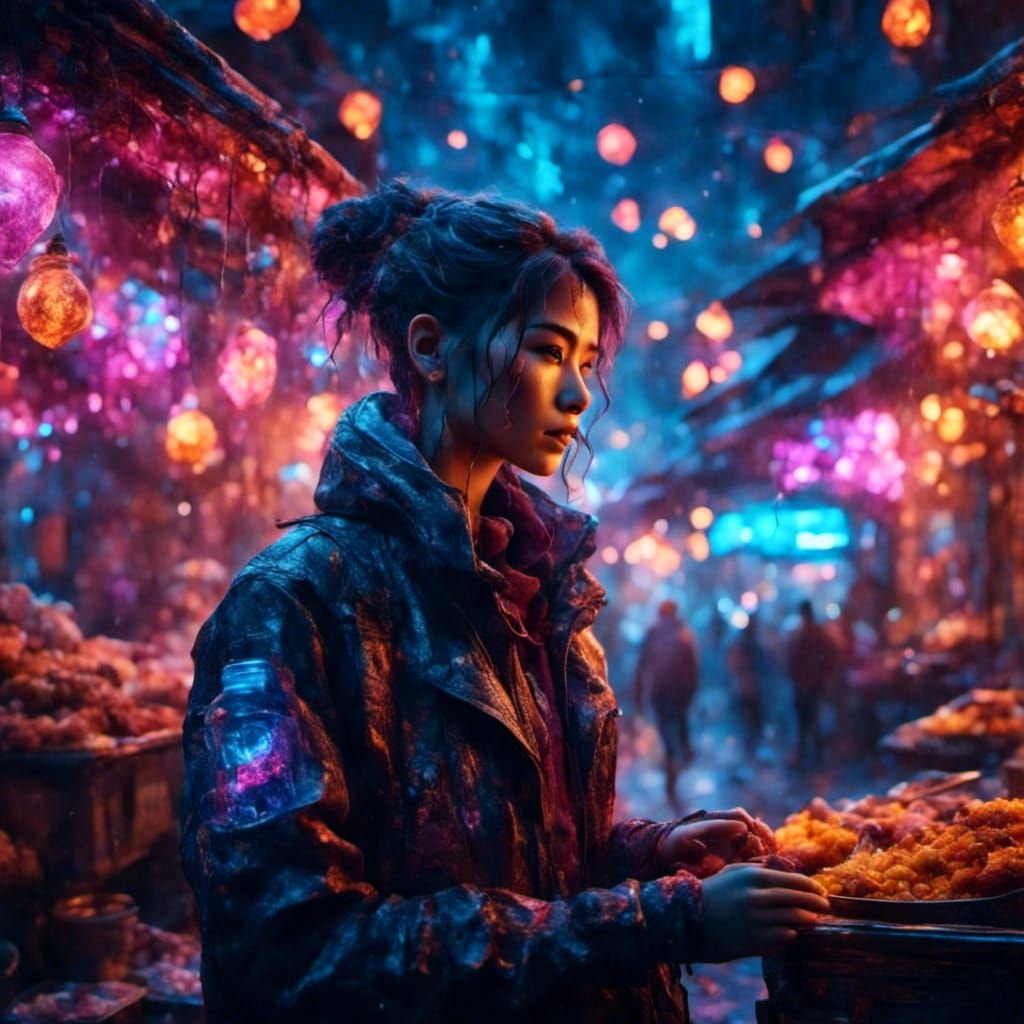 Cyberpunk Woman Eats Samsa in Neon Bazaar