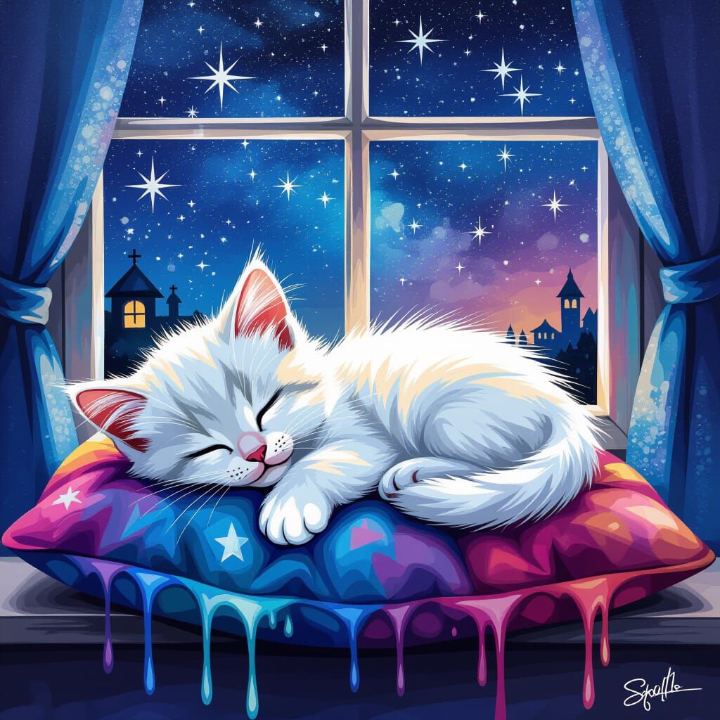 Cute Cartoon Kitten Sleeping Under Starry Sky