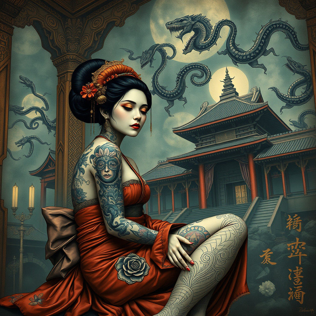 Tattooed Geisha in Sci-Fi Temple, Automatism Style