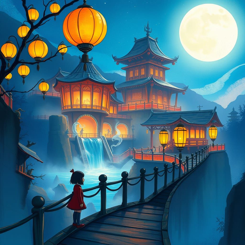 Chihiro Overlooks Mystical Bathhouse in Painterly Style