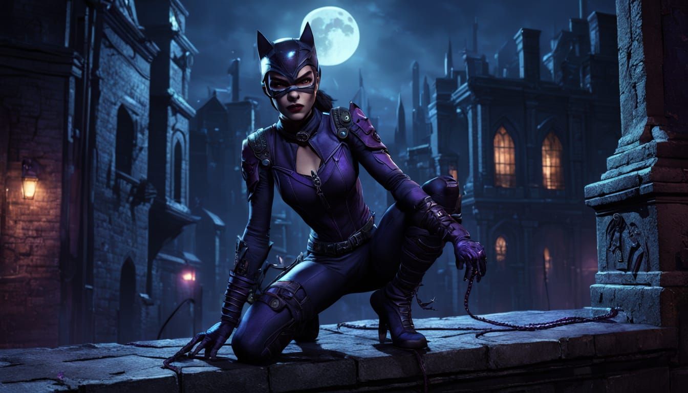 Catwoman on Ledge in Gothic Fantasy Style