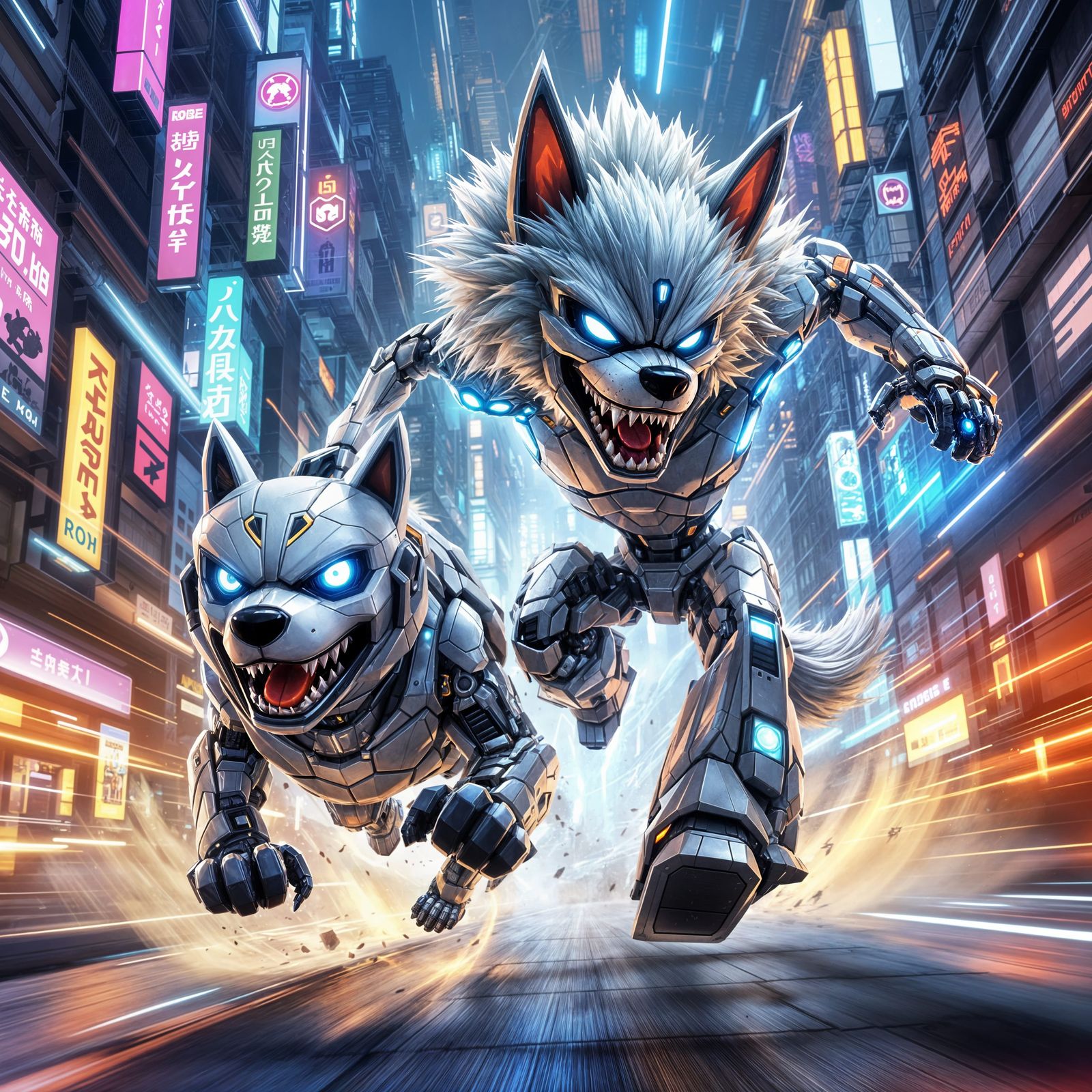 Robotic Werewolf Leaps into Futuristic Cityscape
