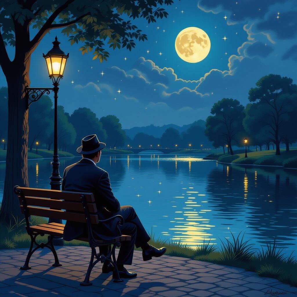 Man Gazing at Moon, Romantic Landscape