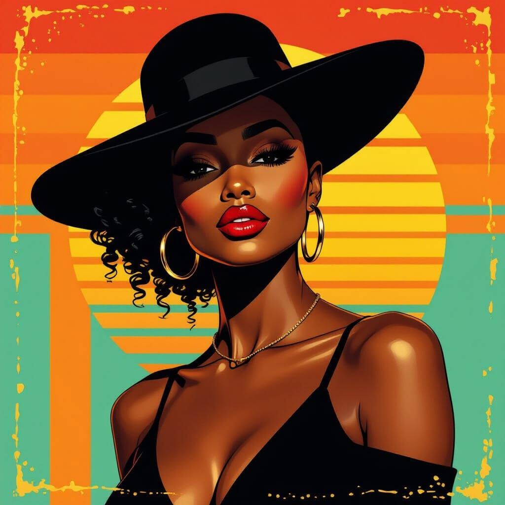 Bold Black Woman in Retro Sunset Illustration