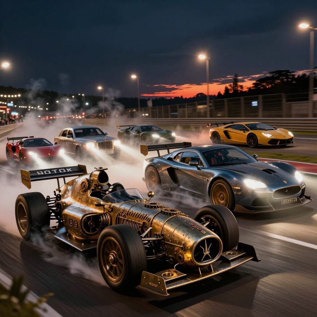 Steampunk Le Mans Night Race: Cars Clash at Speed