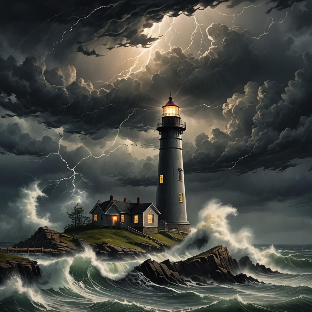 Lighthouse Stands Against Raging Storm, Digital Painting