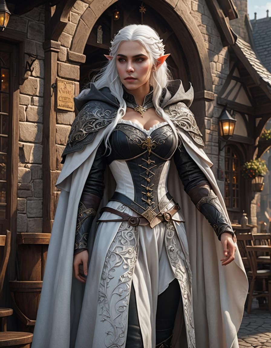Elven Woman Portrait Outside Tavern, Hyperrealistic Fine Art