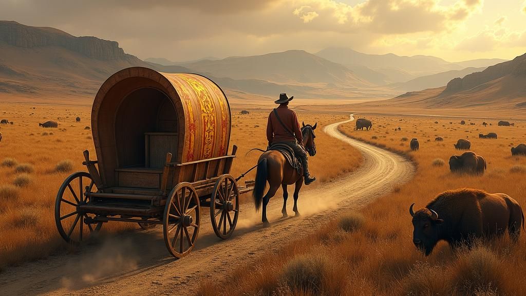 Ornate Wagon Journey Across Mystical Landscape