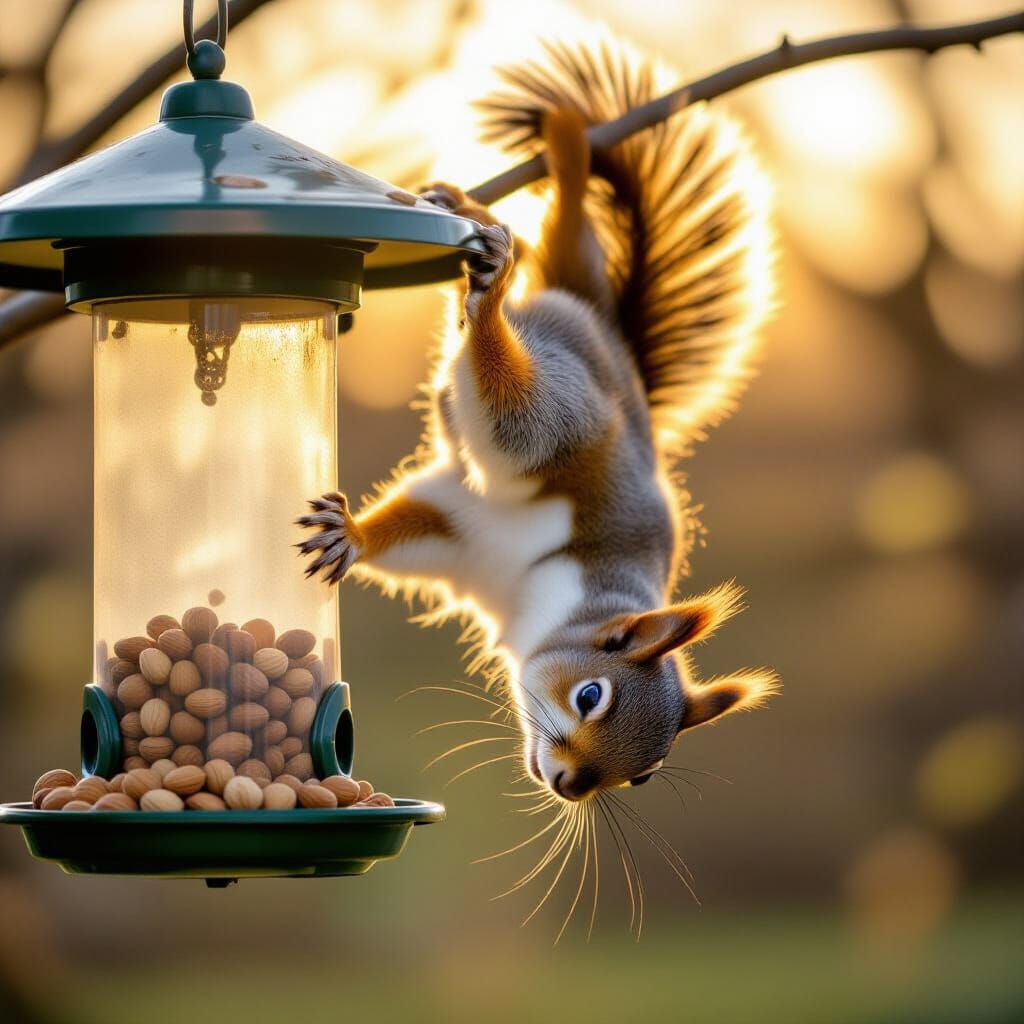 Acrobatic Squirrel Steals Nuts at Golden Hour