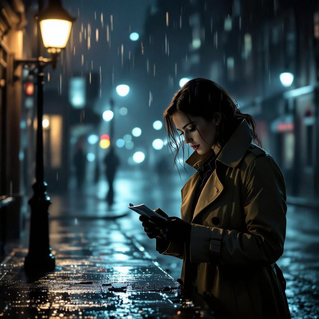 Young Detective Examines Clue on Rainy Street Corner