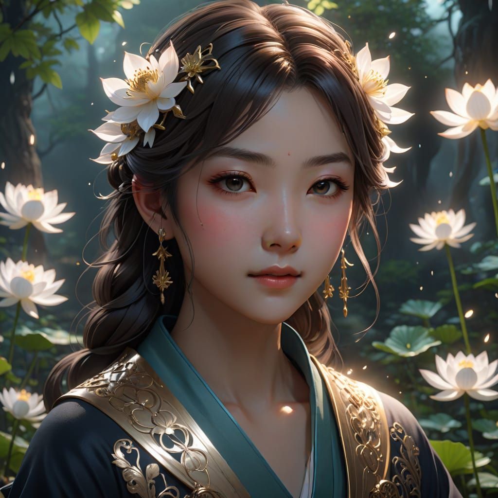 Serene Young Woman Embodies Personal Growth in Vibrant Anime...