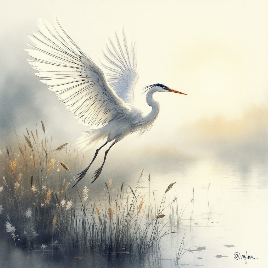 Ethereal Heron Takes Flight in Misty Dawn Marshland