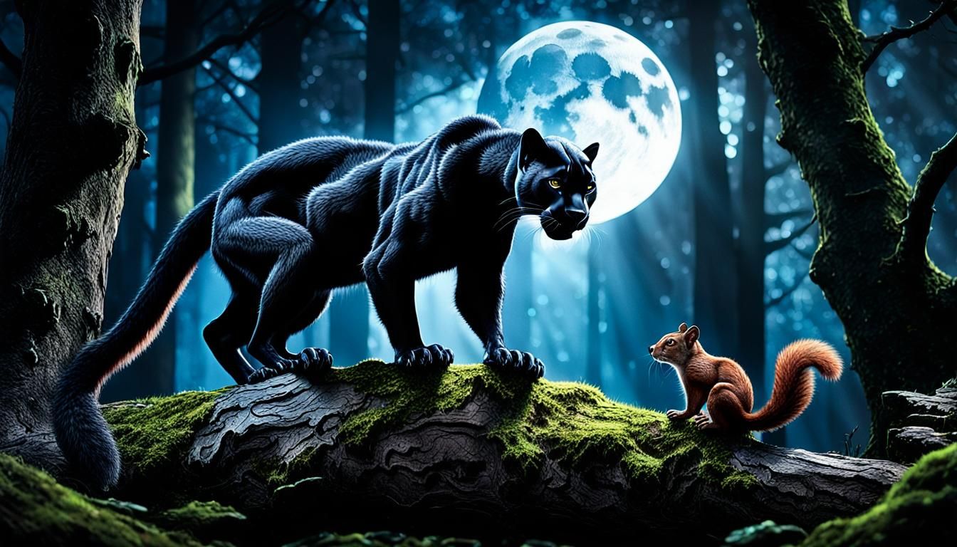 Panther and Squirrel in Moonlit Forest: 3D Photorealistic