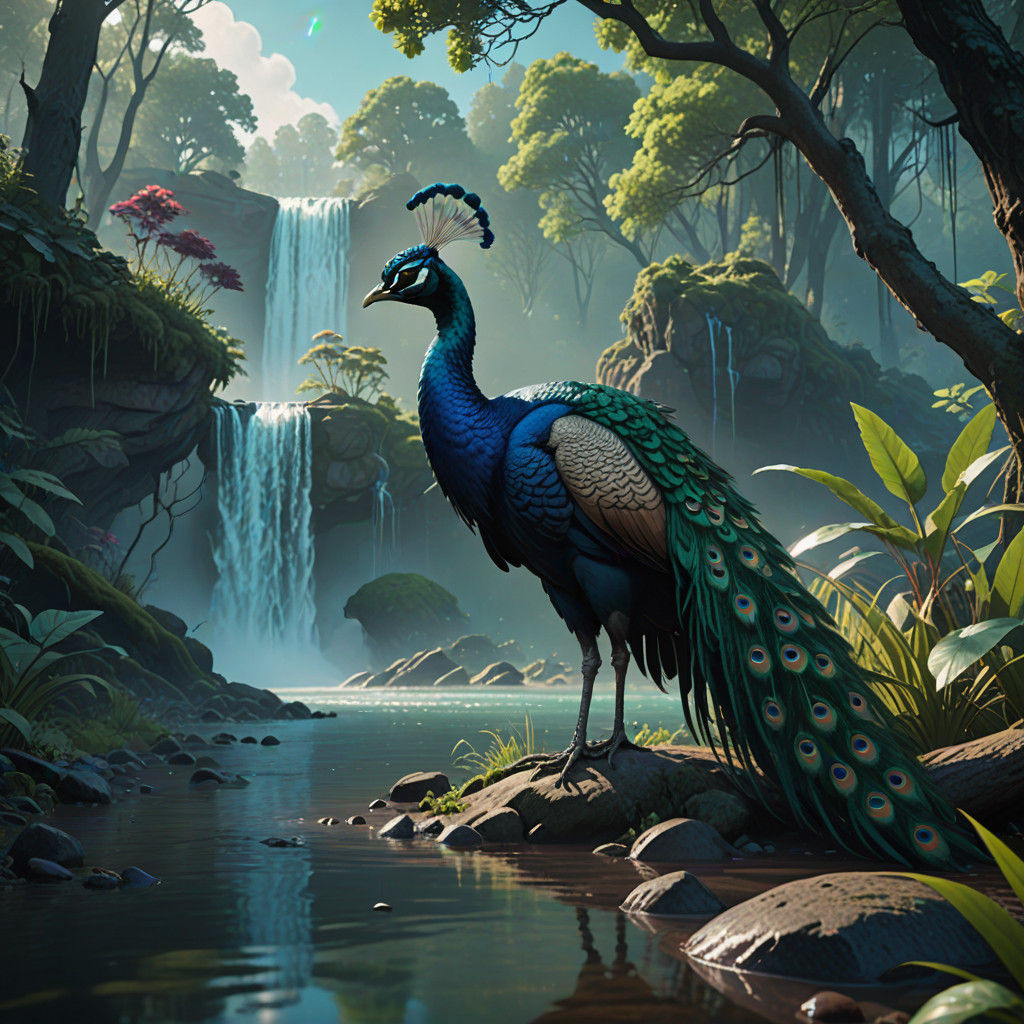 Ethereal Peacock by Serene Lake in Shimmering Blue and Aqua....