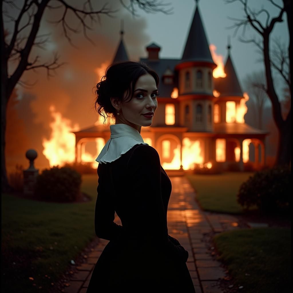 Eerie Victorian Woman in Burning Halloween Scene