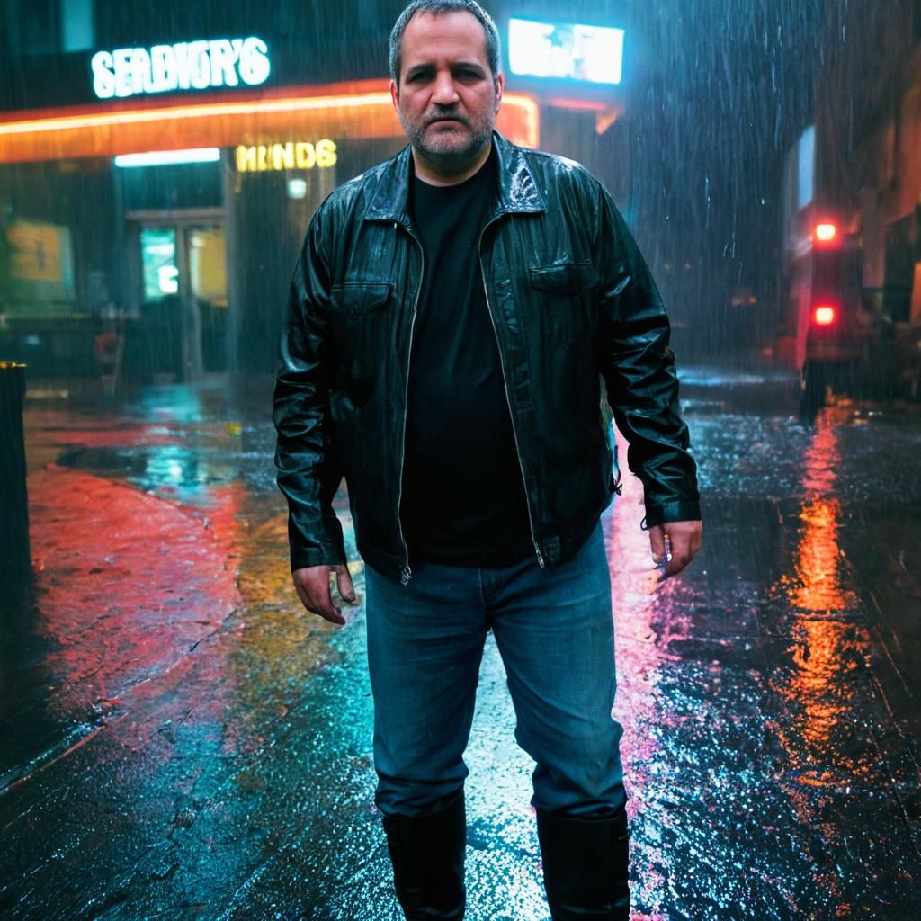Defiant Man Walks in Rainy Cinematic Scene