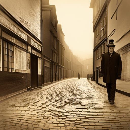 London Cobbled Street Photograph, Sepia Vignette